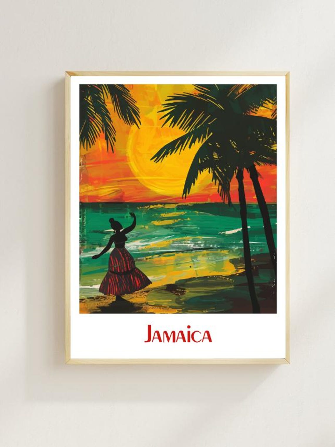 Jamaica Sunset Beach Dancer Silhouette Palm Trees Art Poster