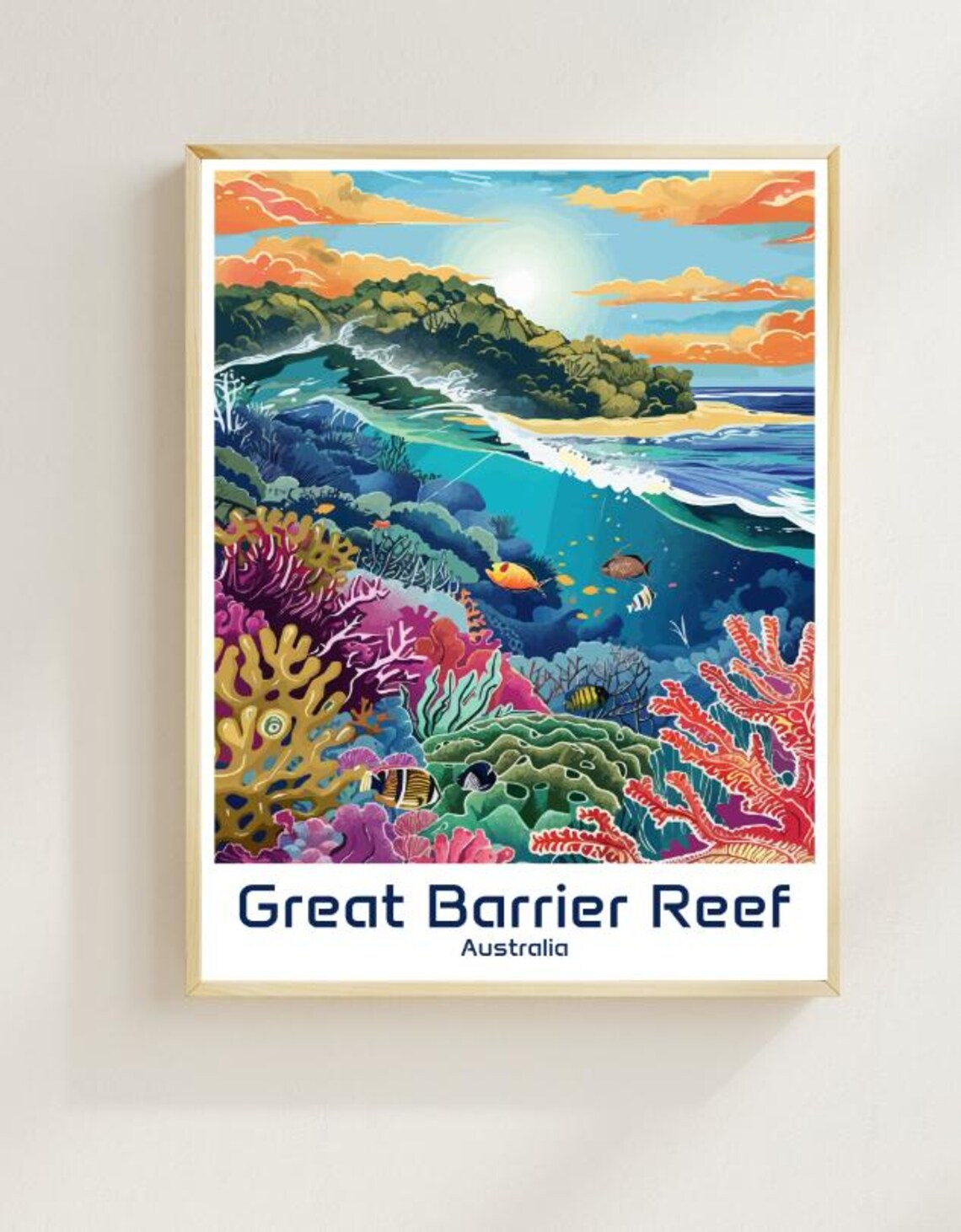 Great Barrier Reef Australia Coral Fish Illustration Travel Poster