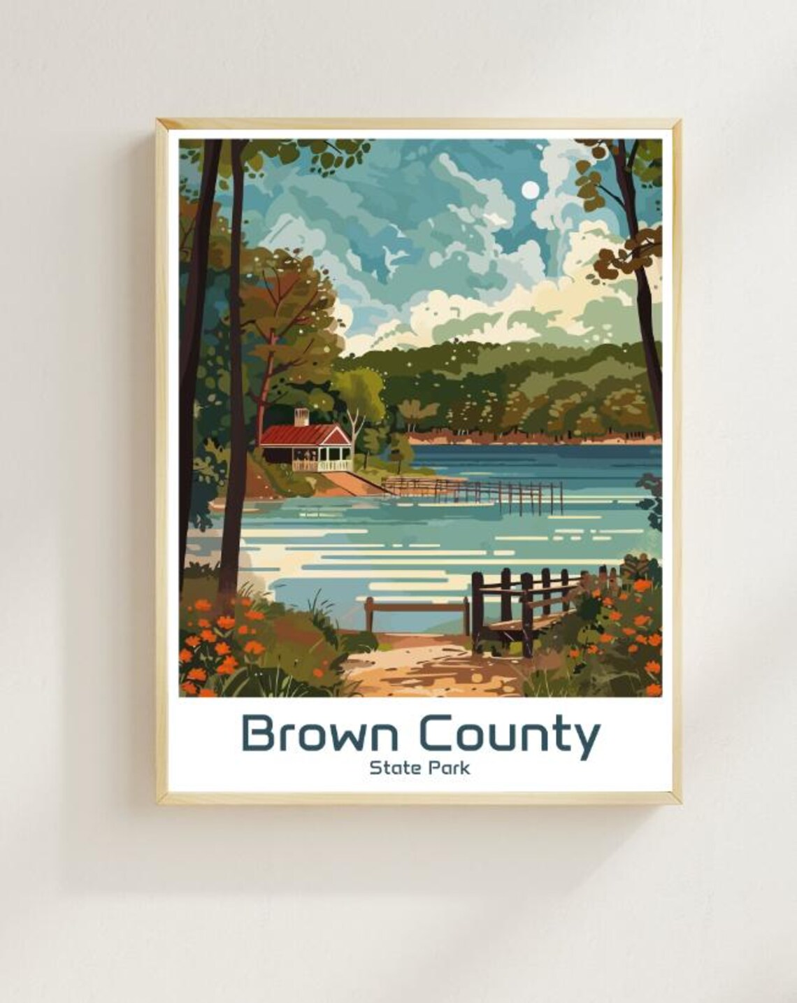 Brown County State Park Travel Poster Lakeside Cabin Forest Landscape