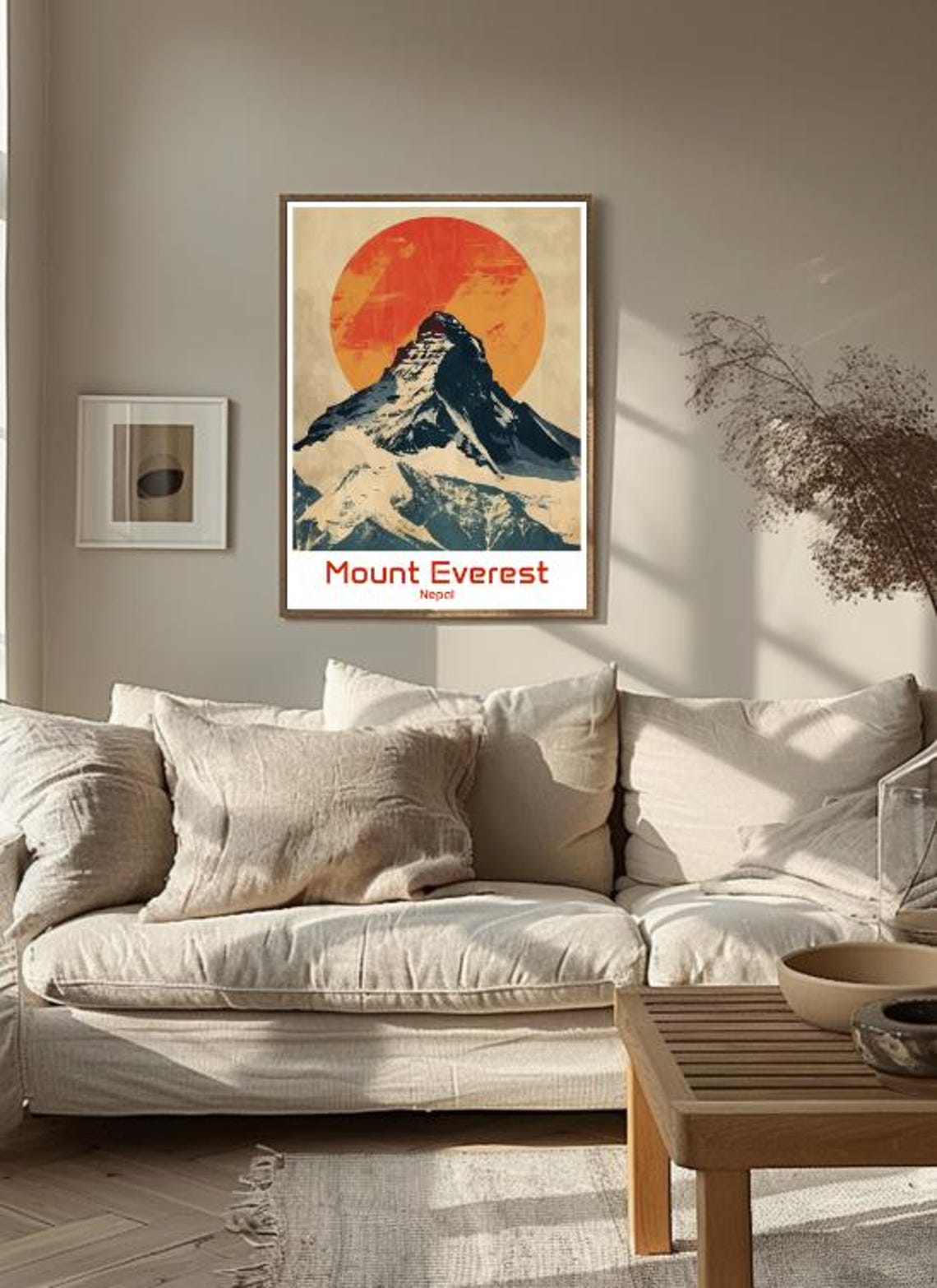 Mount Everest Nepal Snowcapped Peak Under Giant Orange Sun Poster - Image 3