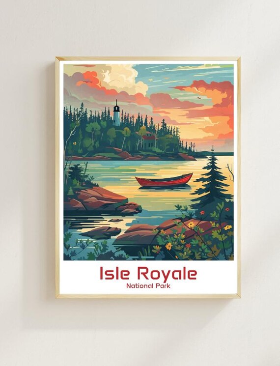Isle Royale National Park Vintage Poster Lighthouse Lake Sunset Canoe Scene