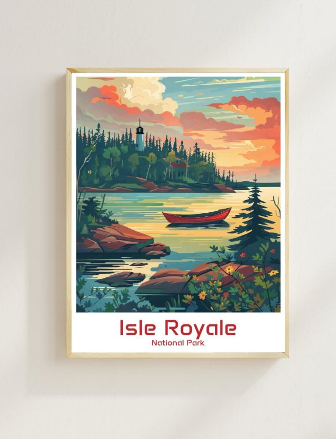 Isle Royale National Park Vintage Poster Lighthouse Lake Sunset Canoe Scene