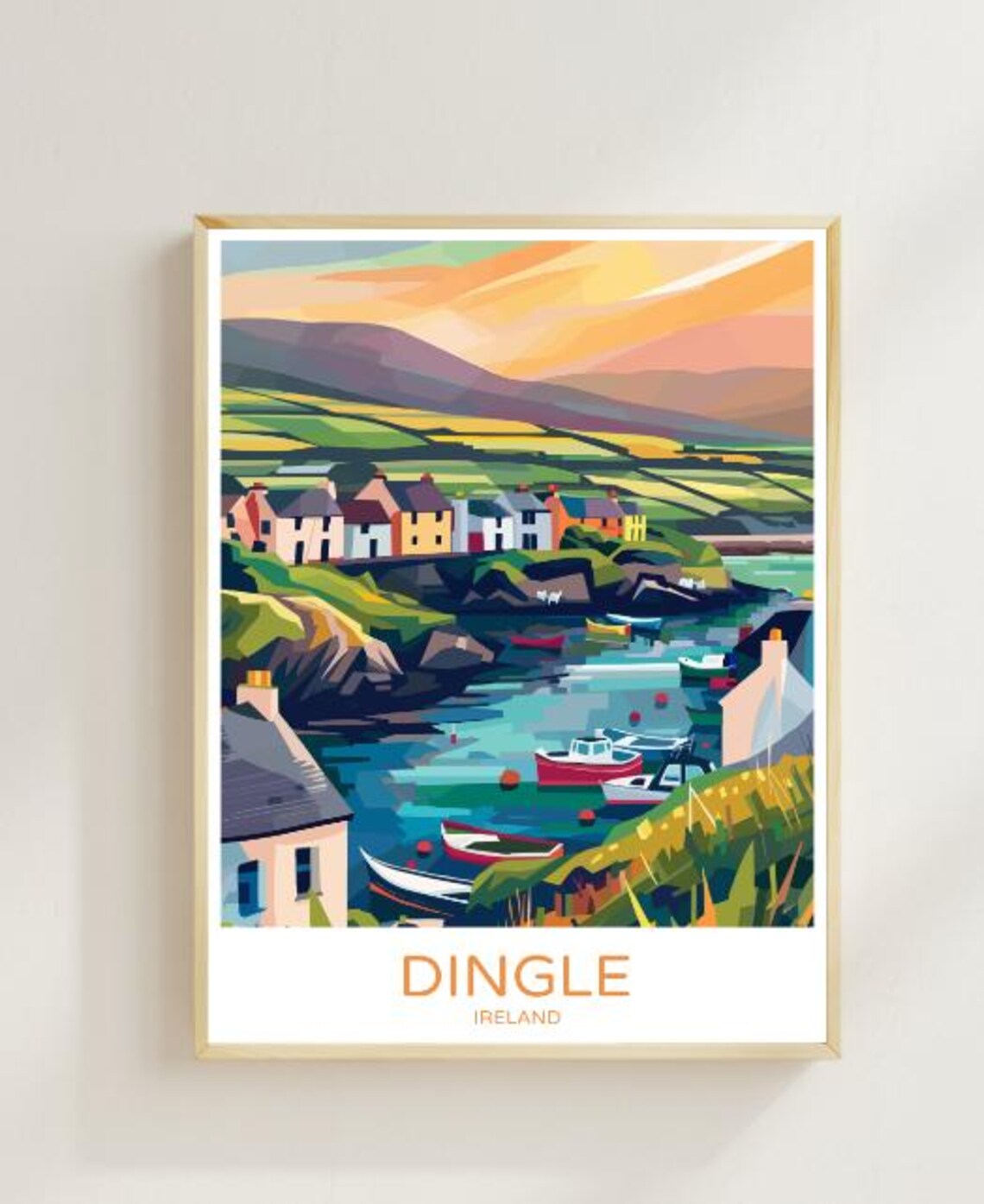Dingle Ireland Colorful Harbor Fishing Boats Sunset Travel Poster