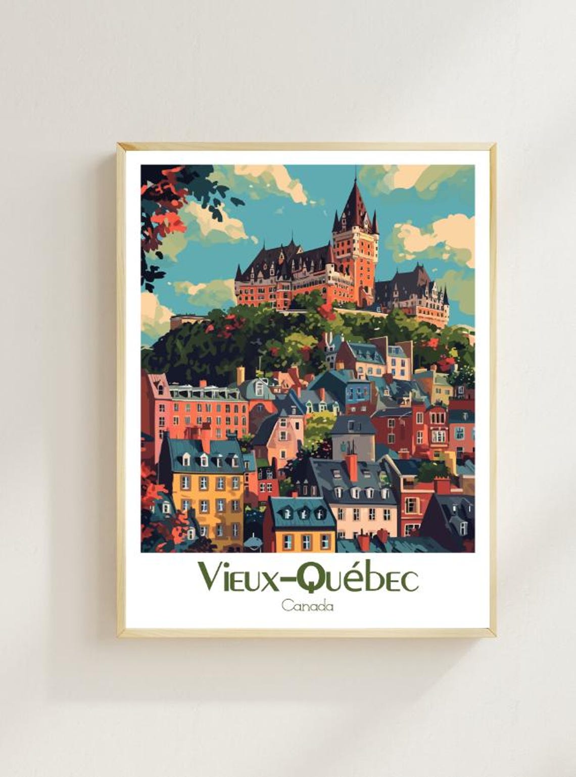 Old Quebec Canada Travel Poster Historic Chateau Cityscape Scene
