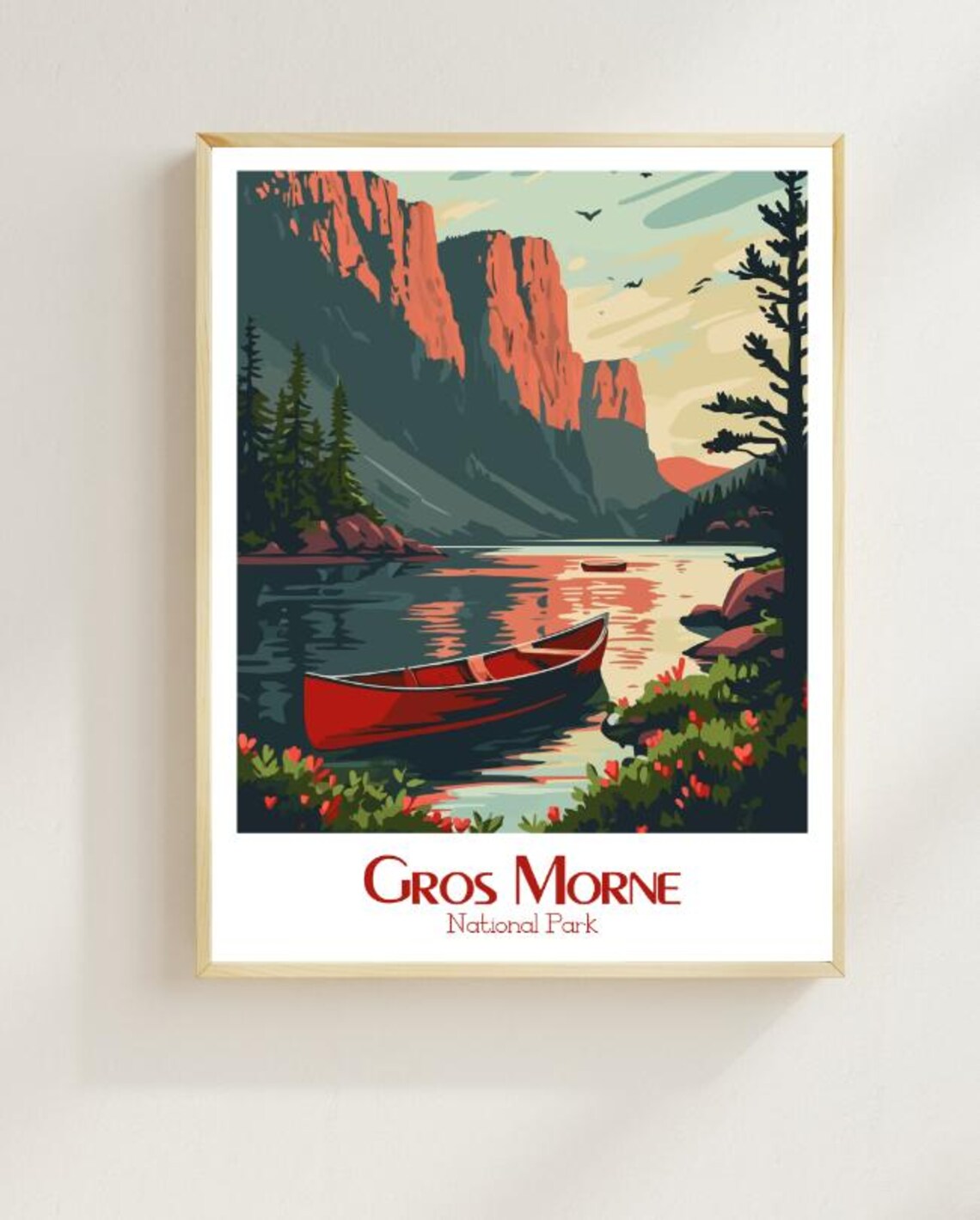 Gros Morne Red Canoe on a Still Mountain Lake at Dawn Poster