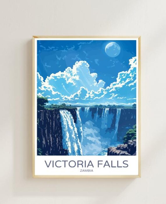 Victoria Falls Travel Poster Majestic Waterfall Wall Art Zambia Travel Print Nature Landscape Decor African Wonder Artwork