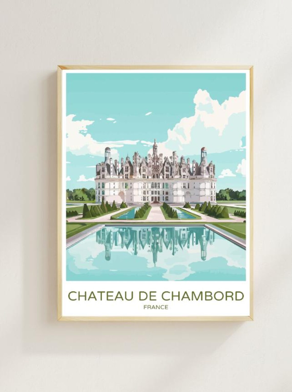 Chateau de Chambord France Castle Reflection Retro Travel Poster