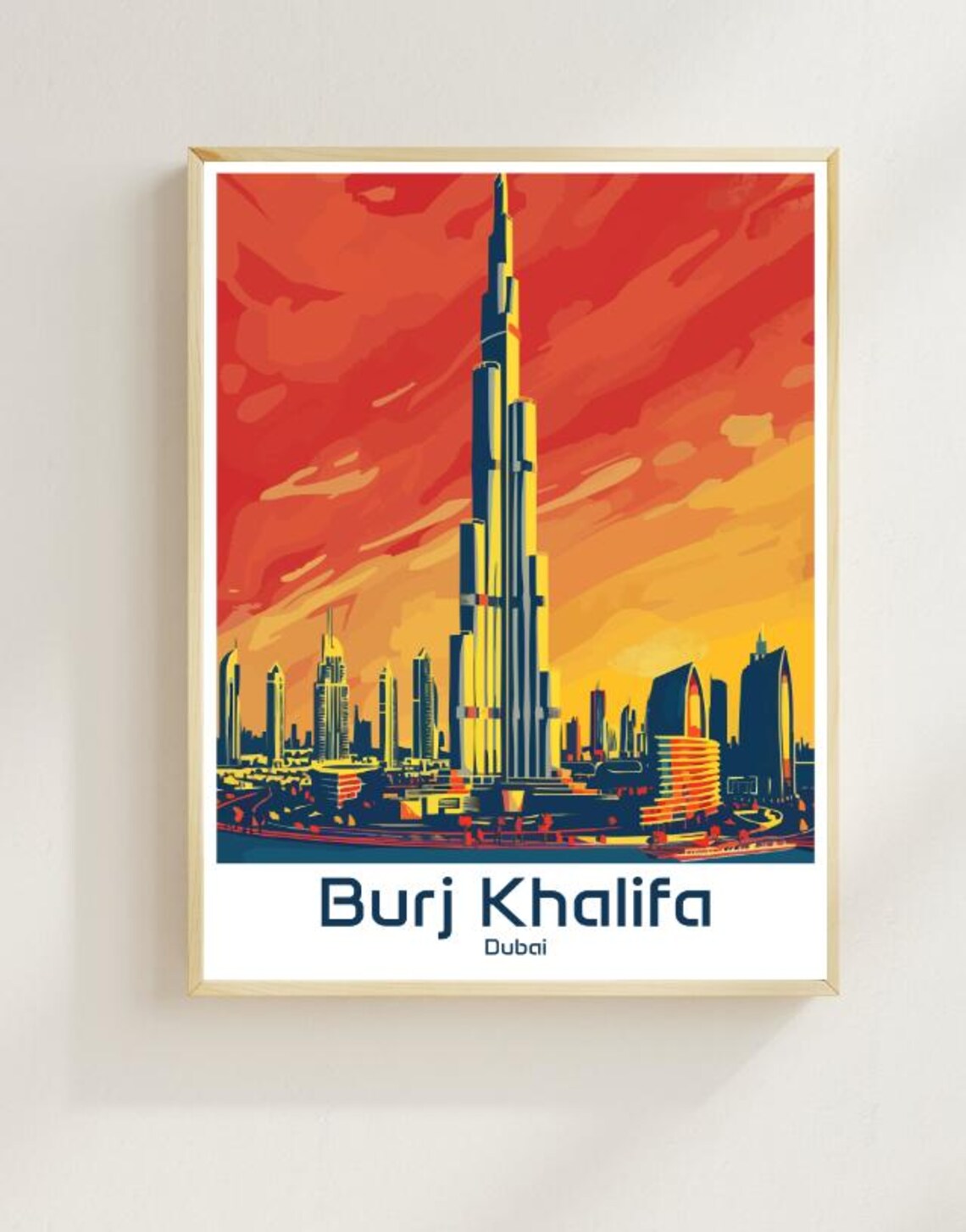 Burj Khalifa Dubai Skyline Fiery Sunset Skyscraper Travel Poster