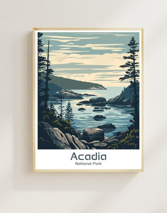 Acadia National Park Rocky Coast Pine Seascape Travel Poster