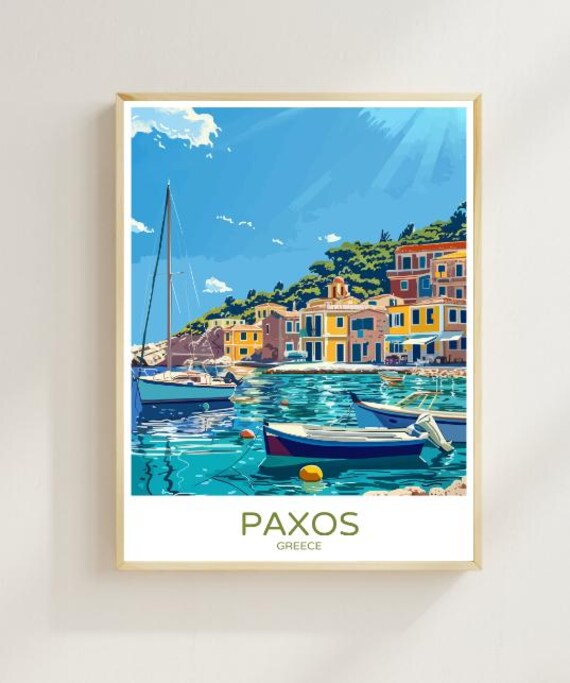 Paxos Greece Travel Poster Harbor Sailboats Turquoise Water Vintage Decor