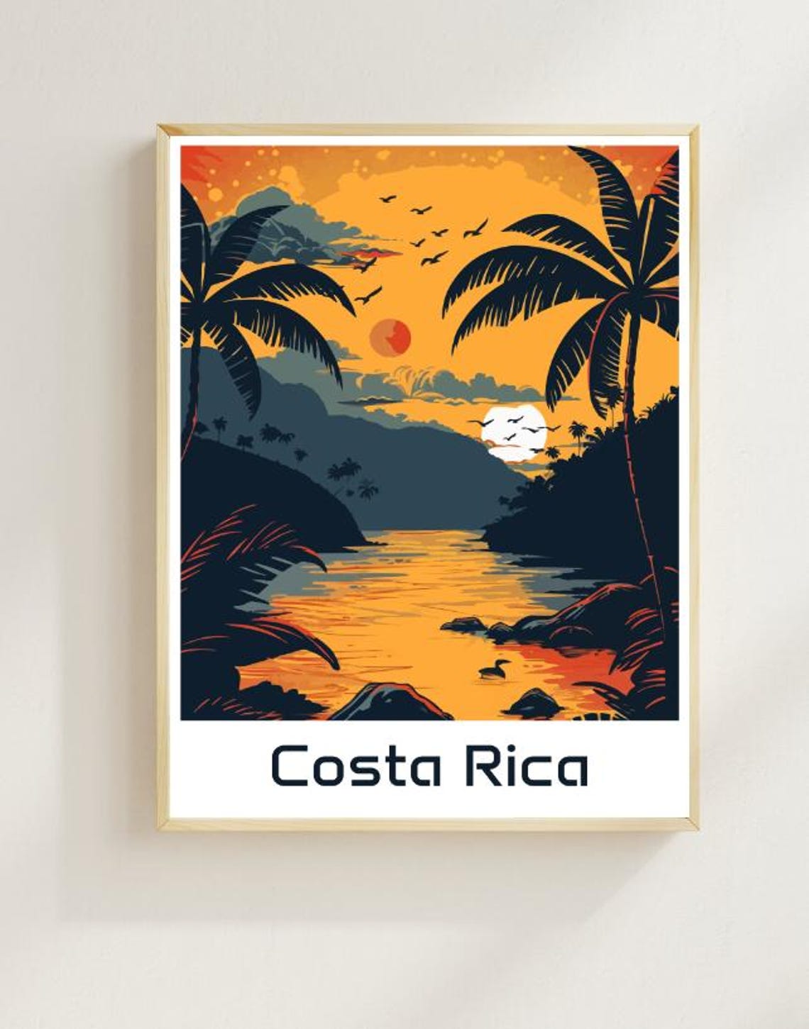 Costa Rica Tropical Jungle Sunset Beach Palm Silhouette Travel Poster