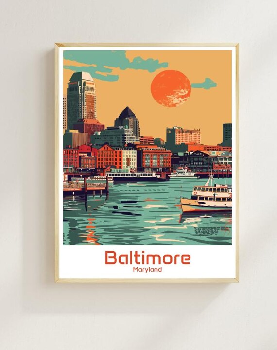 Baltimore Maryland Harbor Sunset Skyline Boats Travel Poster