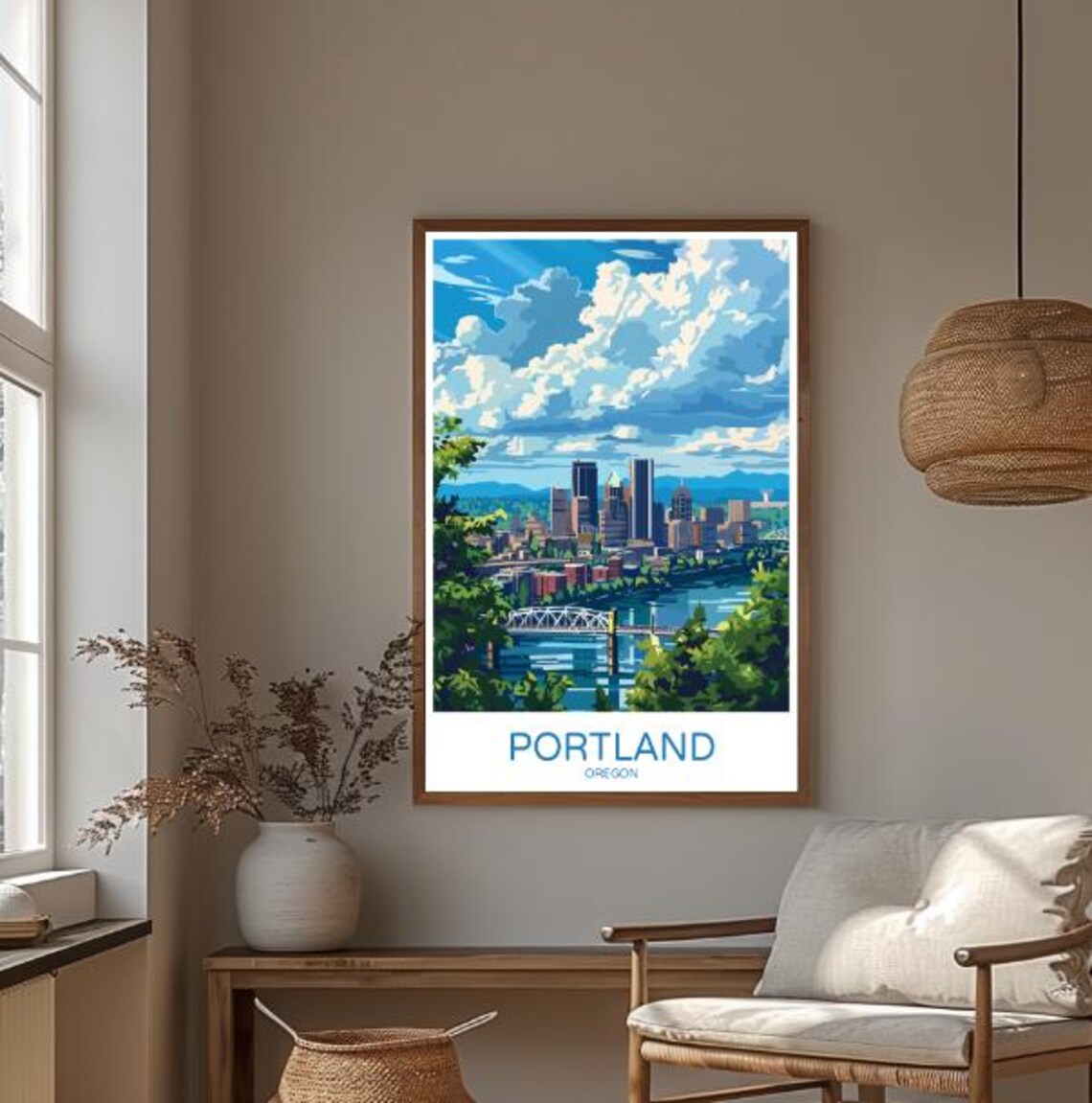 Portland Oregon Skyline With River Bridge And Cityscape Travel Poster - Image 3