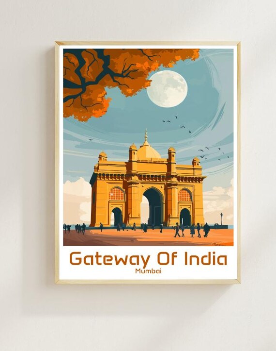 Gateway Of India Mumbai Historic Stone Arch Moonlit Night Travel Poster