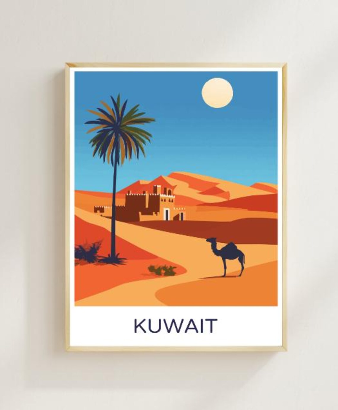 Kuwait Desert Dunes Camel Palm Tree Fort Vintage Travel Poster