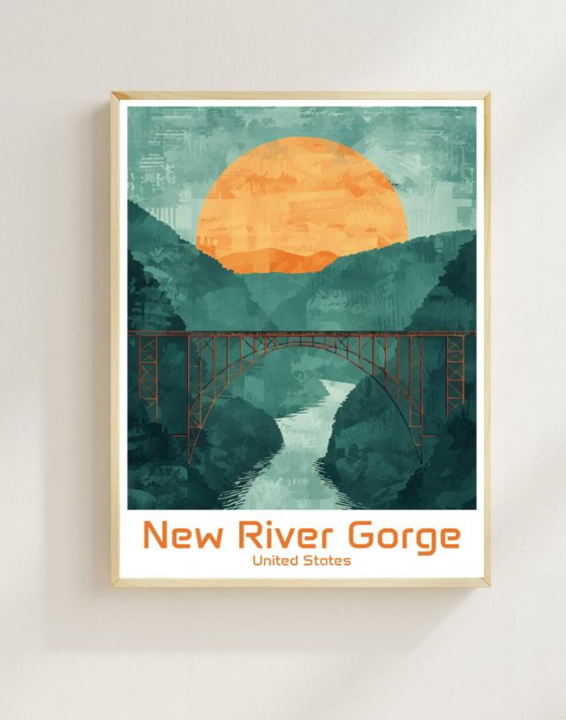 New River Gorge Steel Arch Bridge Sunset Illustrated Travel Poster