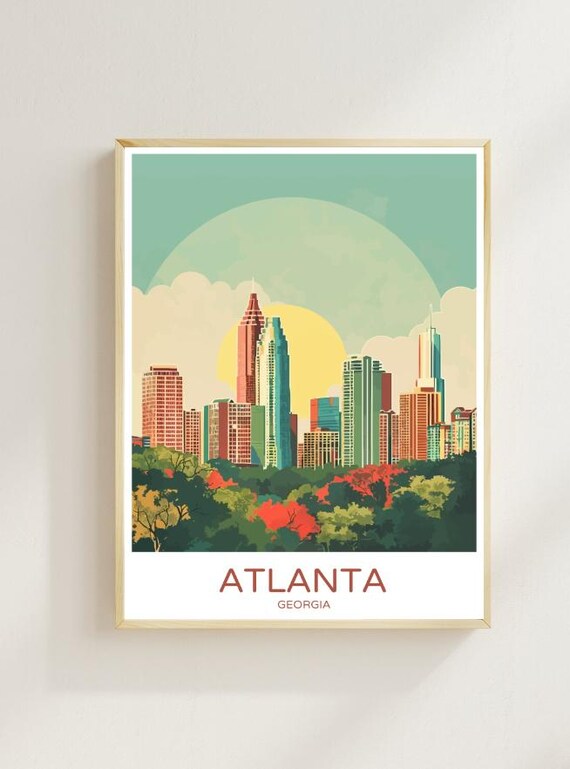 Atlanta Georgia Downtown Skyline at Sunset Retro Travel Poster