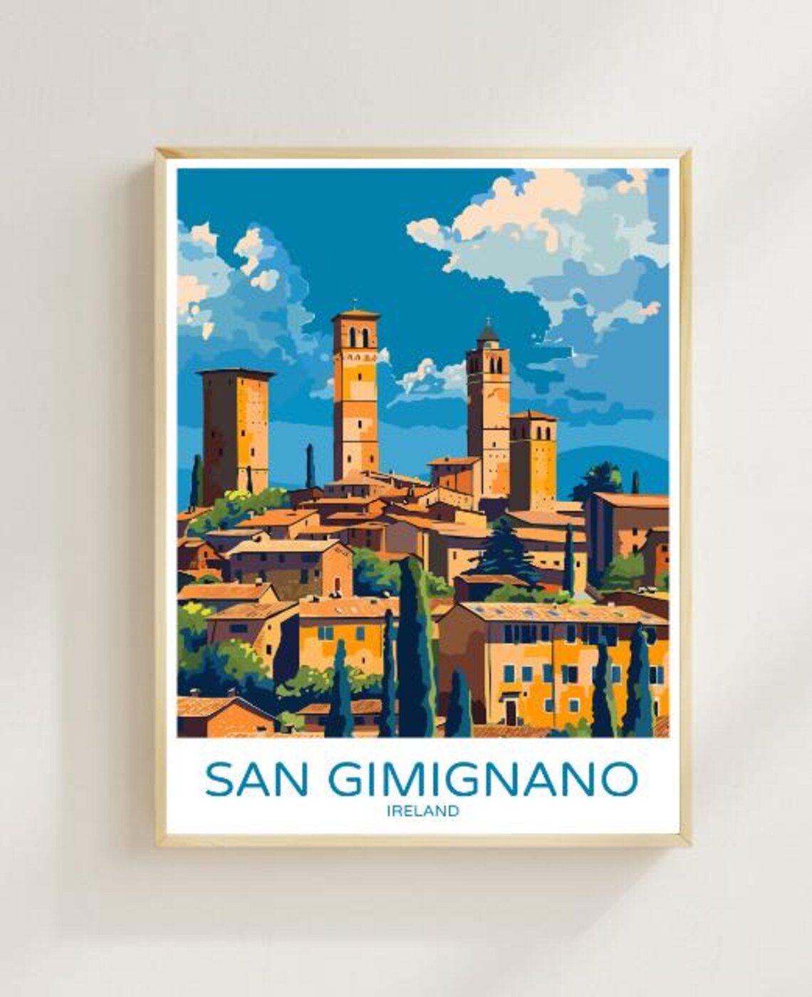 San Gimignano Hill Town Medieval Towers Illustration Travel Poster