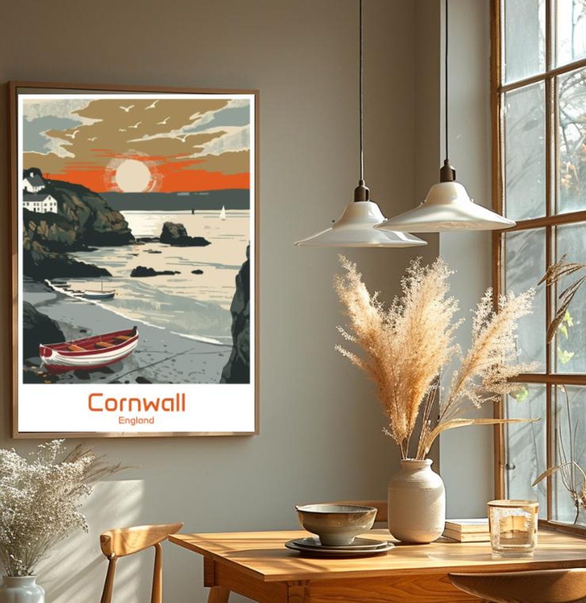 Cornwall England Sunset Rocky Cove Rowboat Coastal Travel Poster - Image 2