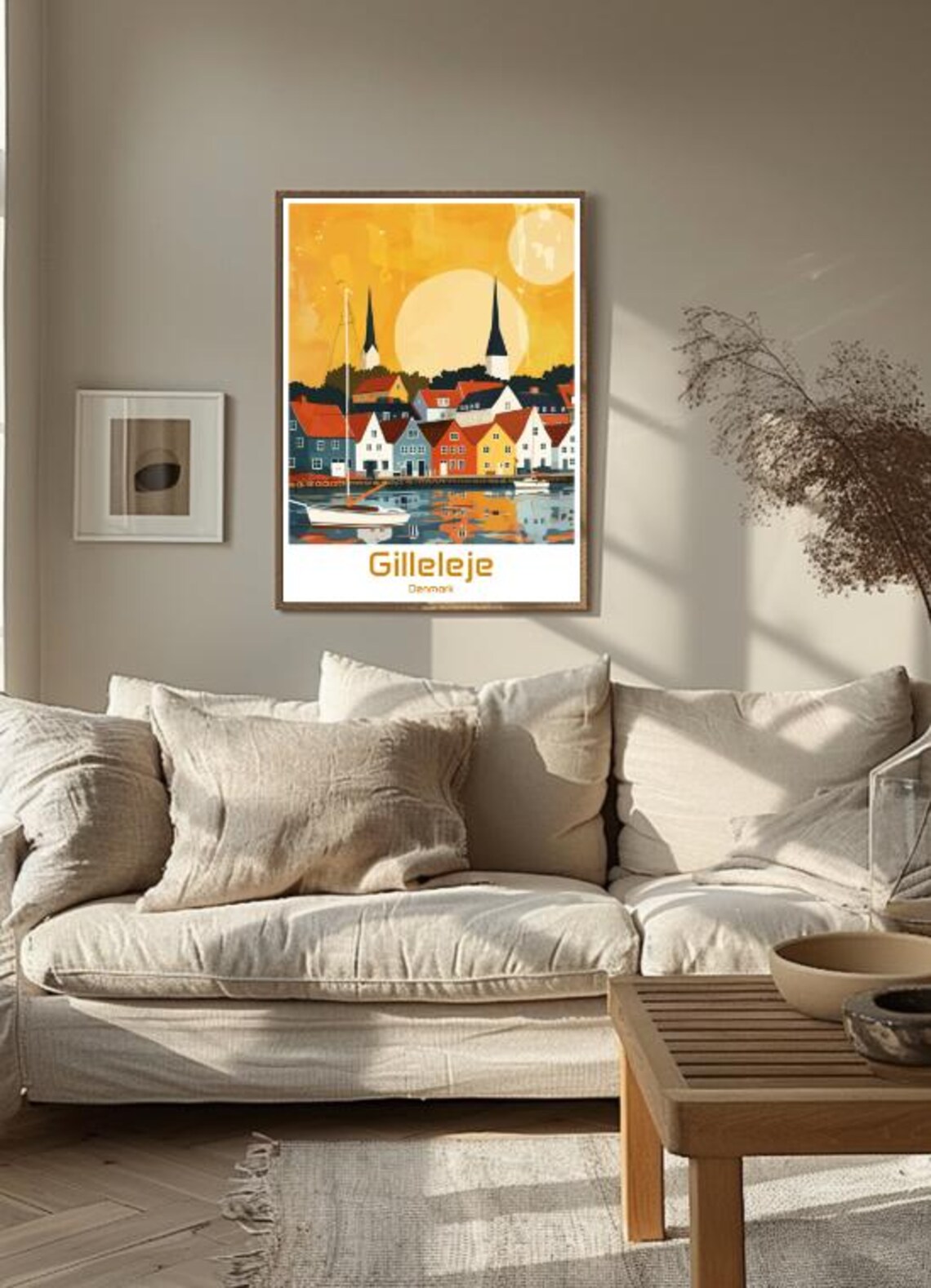 Gilleleje Denmark Harbor Twin Spires Sunset Illustration Poster - Image 3