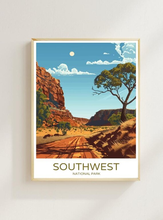 Southwest National Park Red Canyon Road Desert Vintage Travel Poster