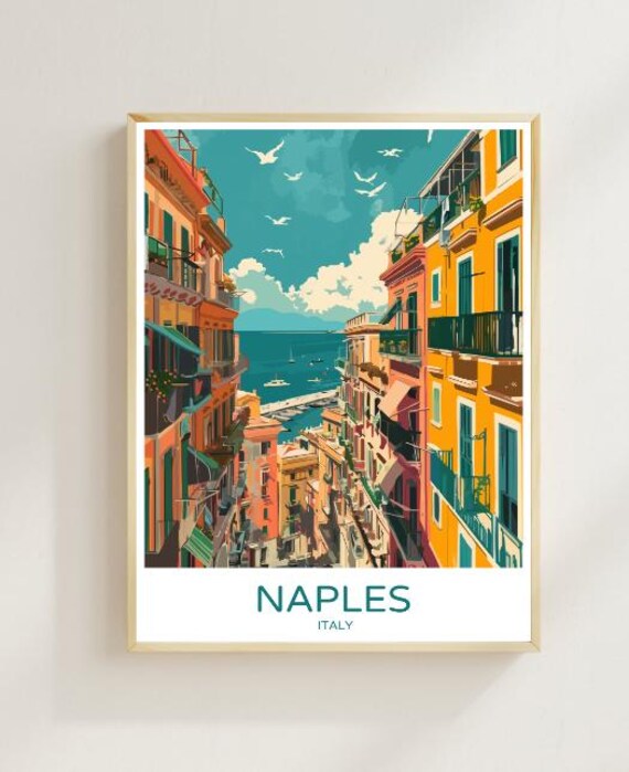 Naples Italy Colorful Street Harbor View Vintage Travel Poster