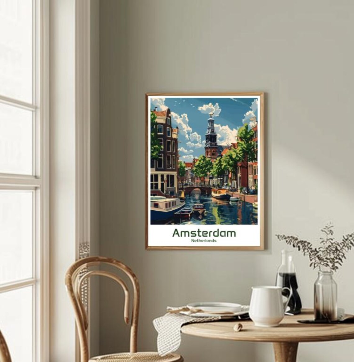 Amsterdam Netherlands Canal Boats Historic Travel Art Poster - Image 2