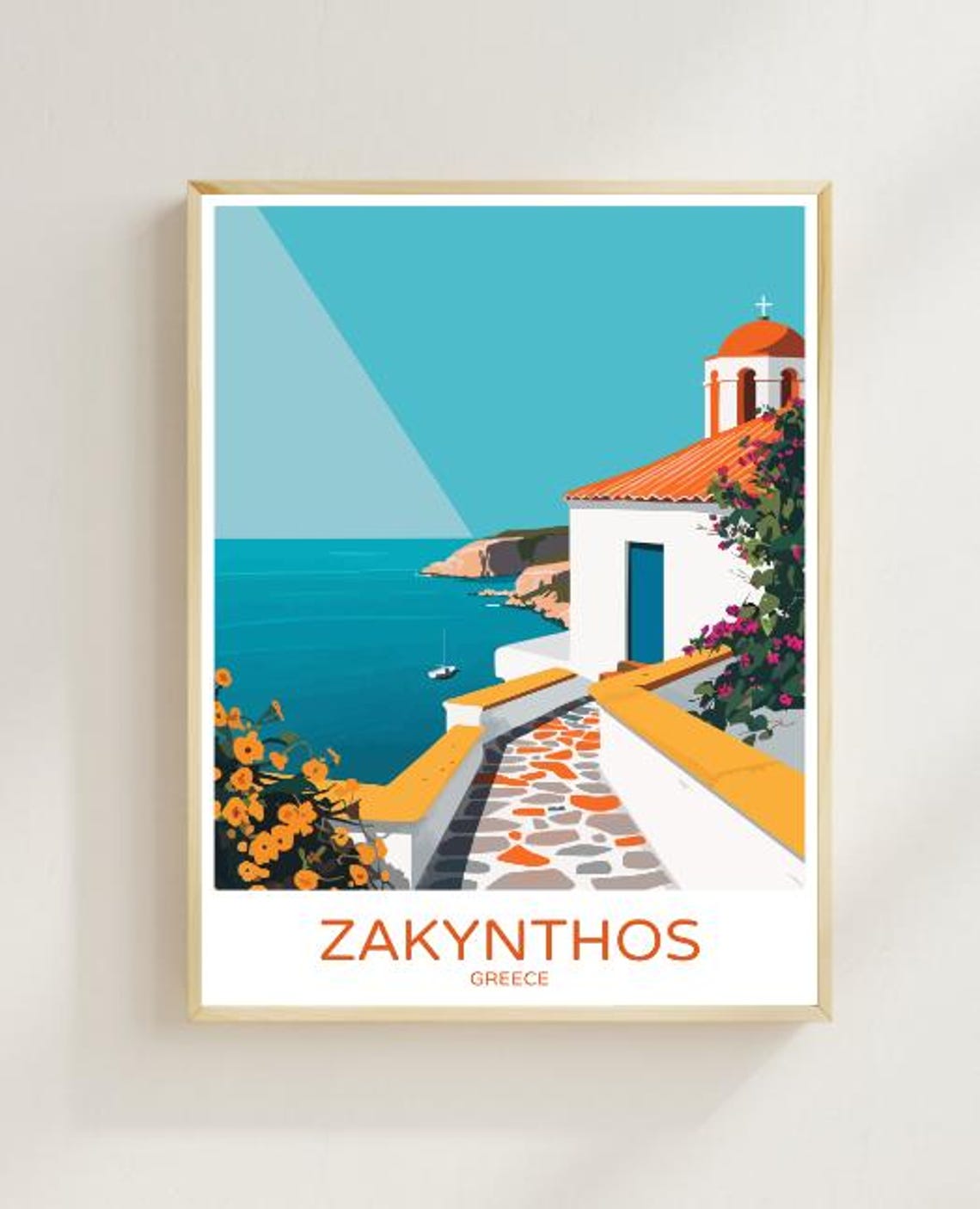 Zakynthos Greece White Chapel Above Turquoise Bay Travel Poster