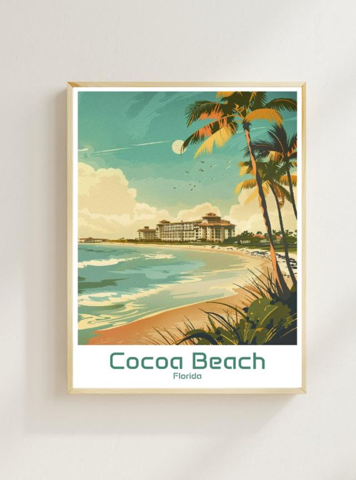 Cocoa Beach Florida Vintage Travel Palm Resort Ocean Scene Poster