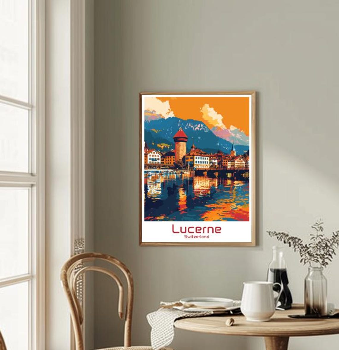 Lucerne Switzerland Old Town Lake Sunset Waterfront Illustrated Poster - Image 2