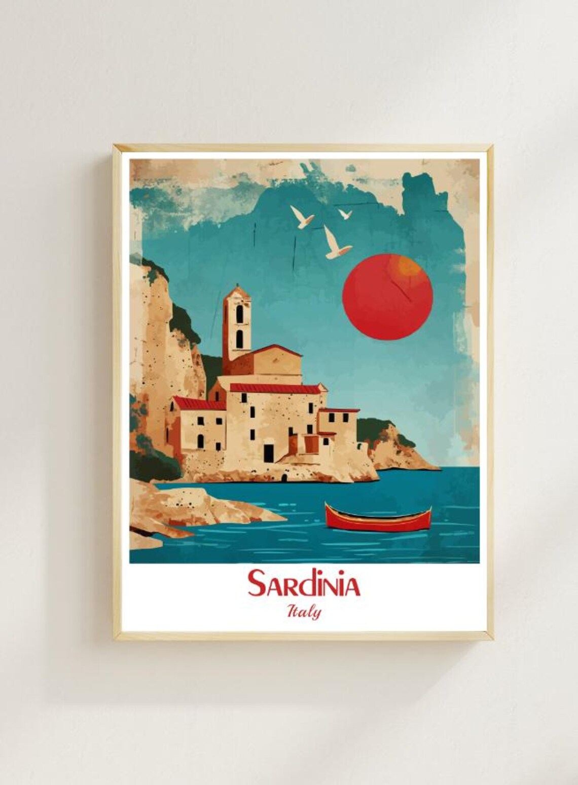 Sardinia Coastal Church Village Sunset Mediterranean Sea Poster
