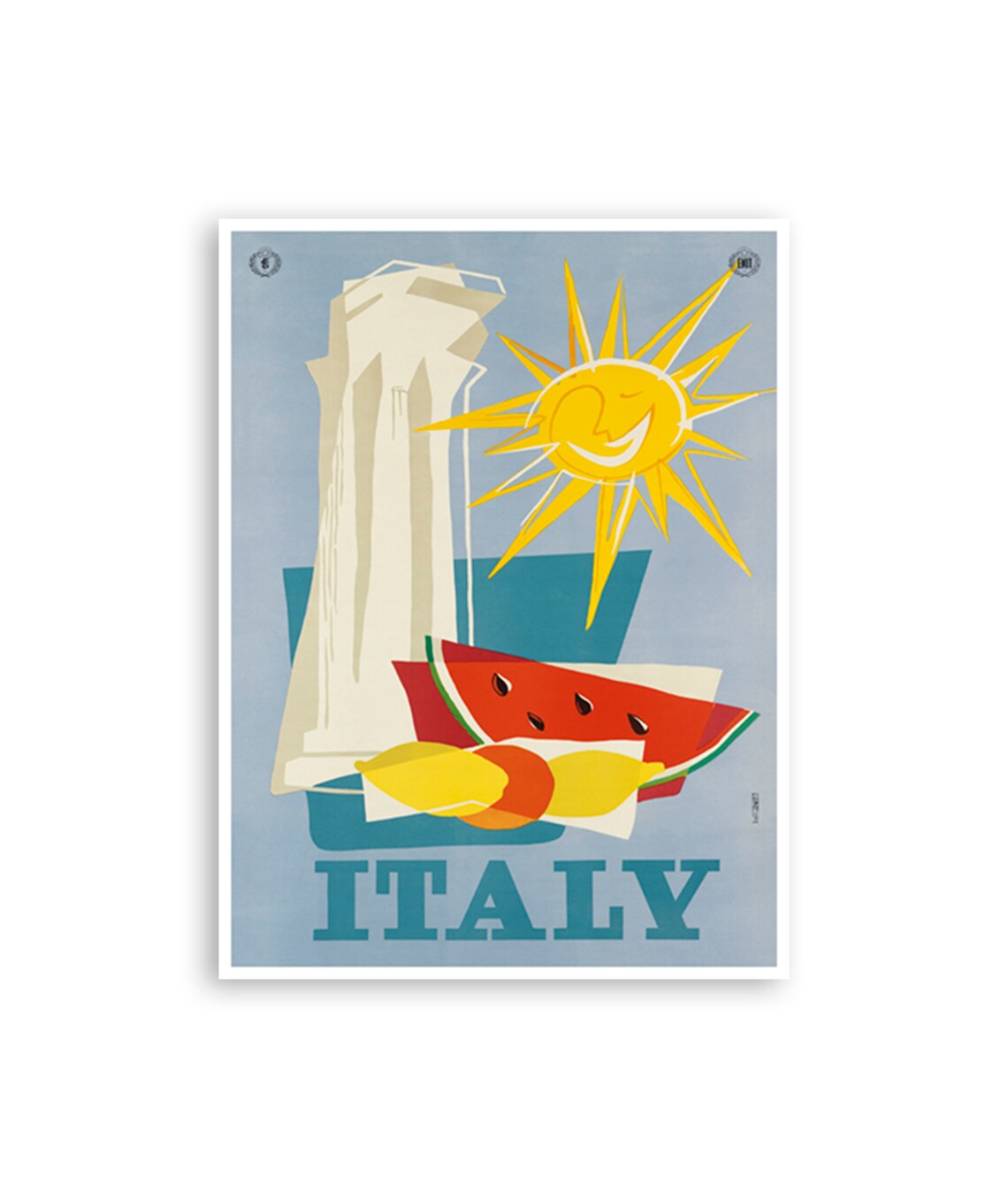 Italy ENIT Vintage Smiling Sun Watermelon Italian Summer Art Poster
