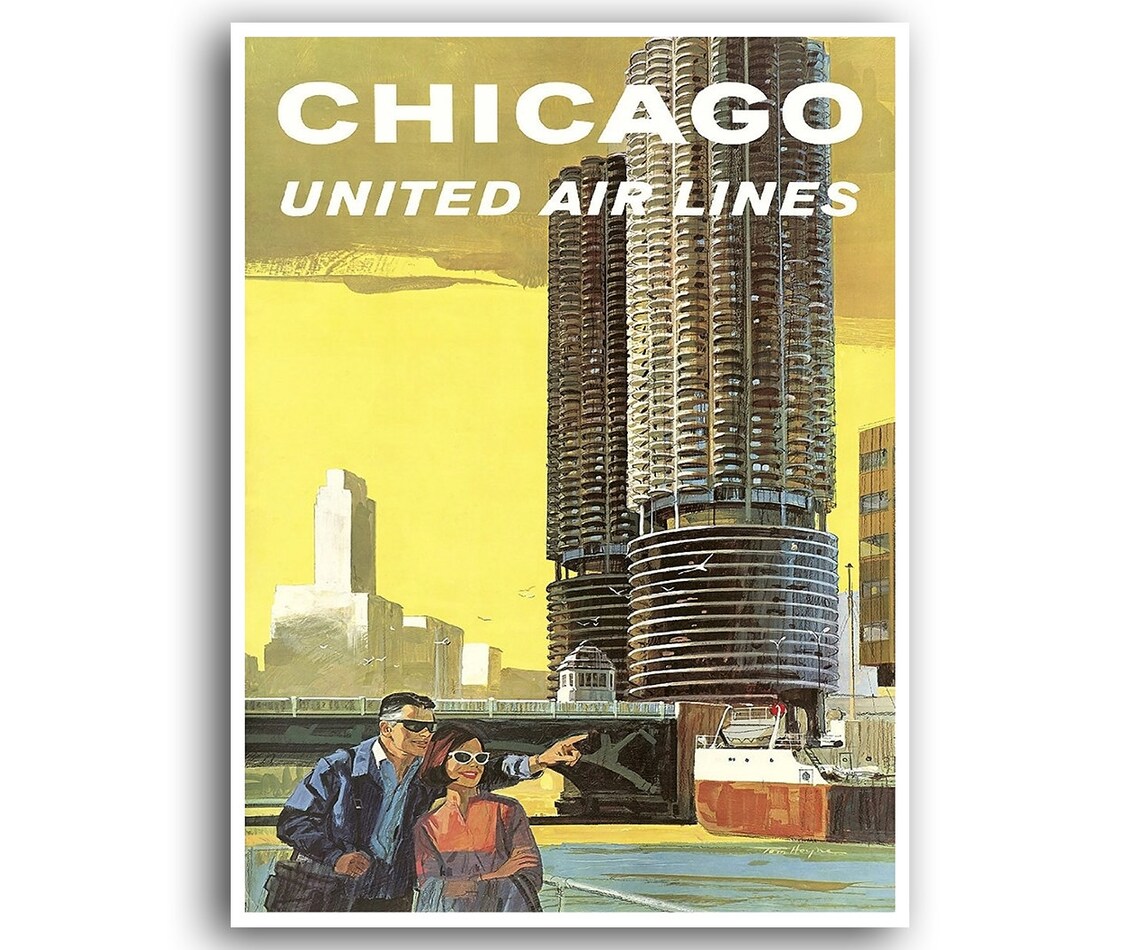 Chicago United Air Lines Vintage Airline Poster Marina City Towers