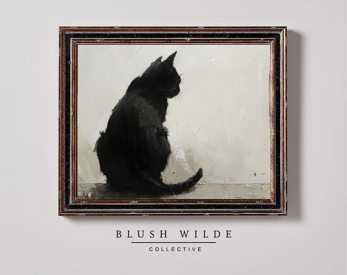 Black Cat Silhouette Minimalist Vintage Oil Painting Feline Poster