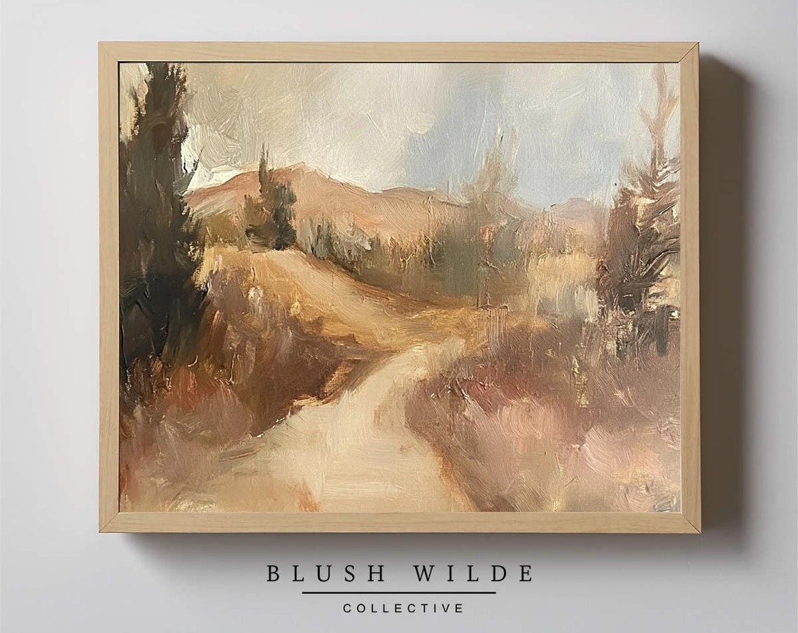 Neutral Autumn Hills Winding Path Vintage Landscape Art Poster