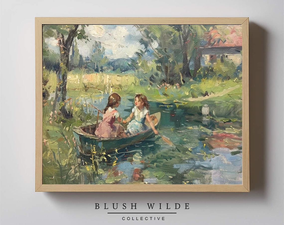 Two Girls In Rowboat On Summer Pond Vintage Impressionist Painting Poster