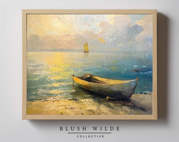 Wooden Boat At Sunset Golden Sea Impressionist Coastal Print