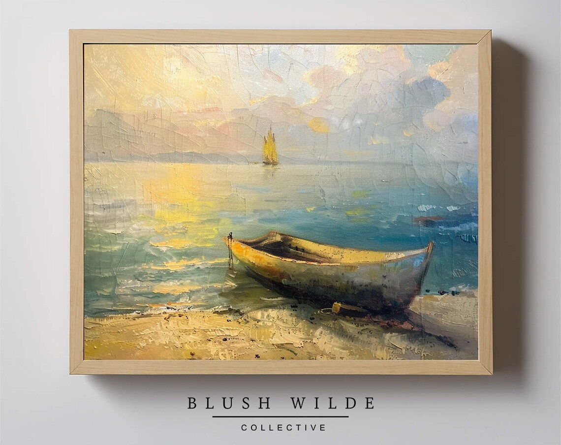 Wooden Boat At Sunset Golden Sea Impressionist Coastal Print