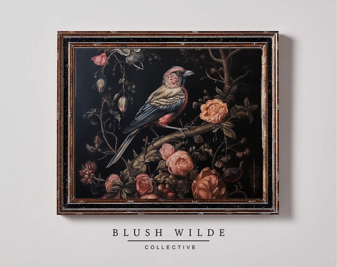 Long Tailed Songbird With Roses Moody Black Floral Painting Poster