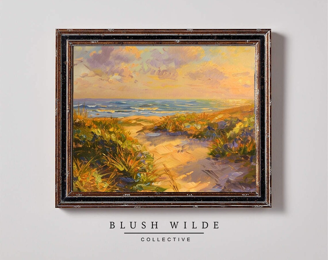 Golden Sunset Beach Path Through Dunes Vintage Coastal Oil Poster