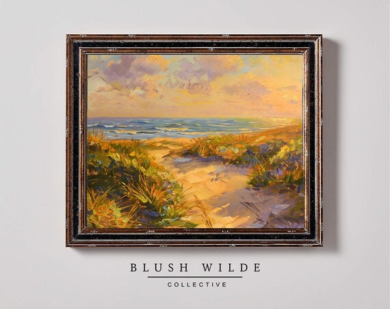 Golden Sunset Beach Path Through Dunes Vintage Coastal Oil Poster
