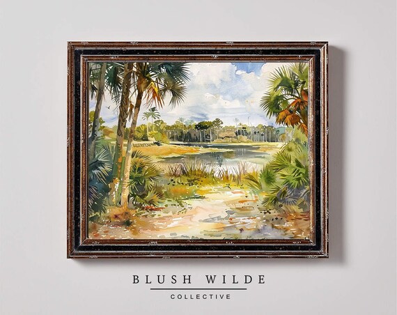 Vintage Florida Wetlands Watercolor Palm Trees Lake Marsh Painting Poster