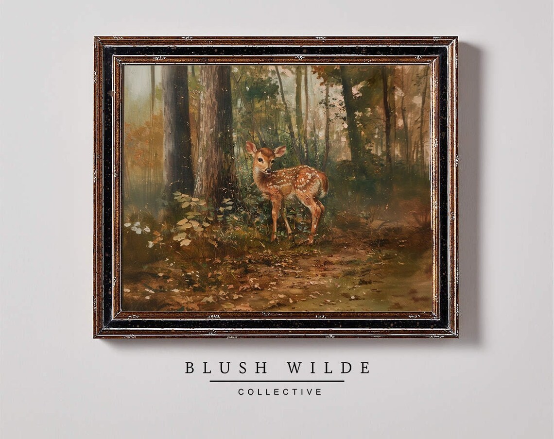 Baby Fawn Autumn Forest Vintage Style Woodland Wildlife Art Poster