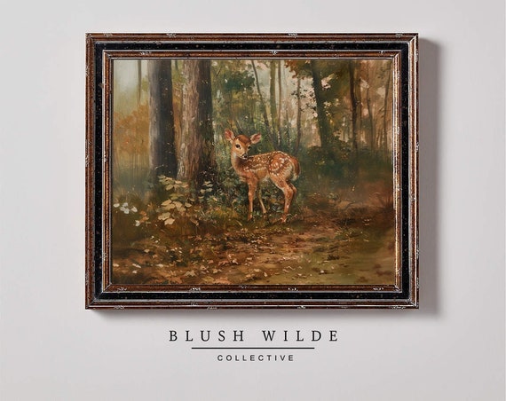 Vintage Fawn Oil Painting Moody Forest Art Print