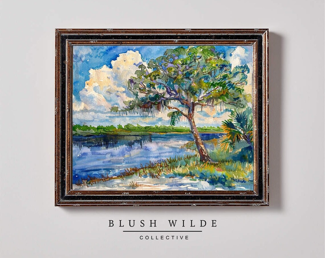Florida Swamp Lake Watercolor With Big Tree And Blue Sky Print