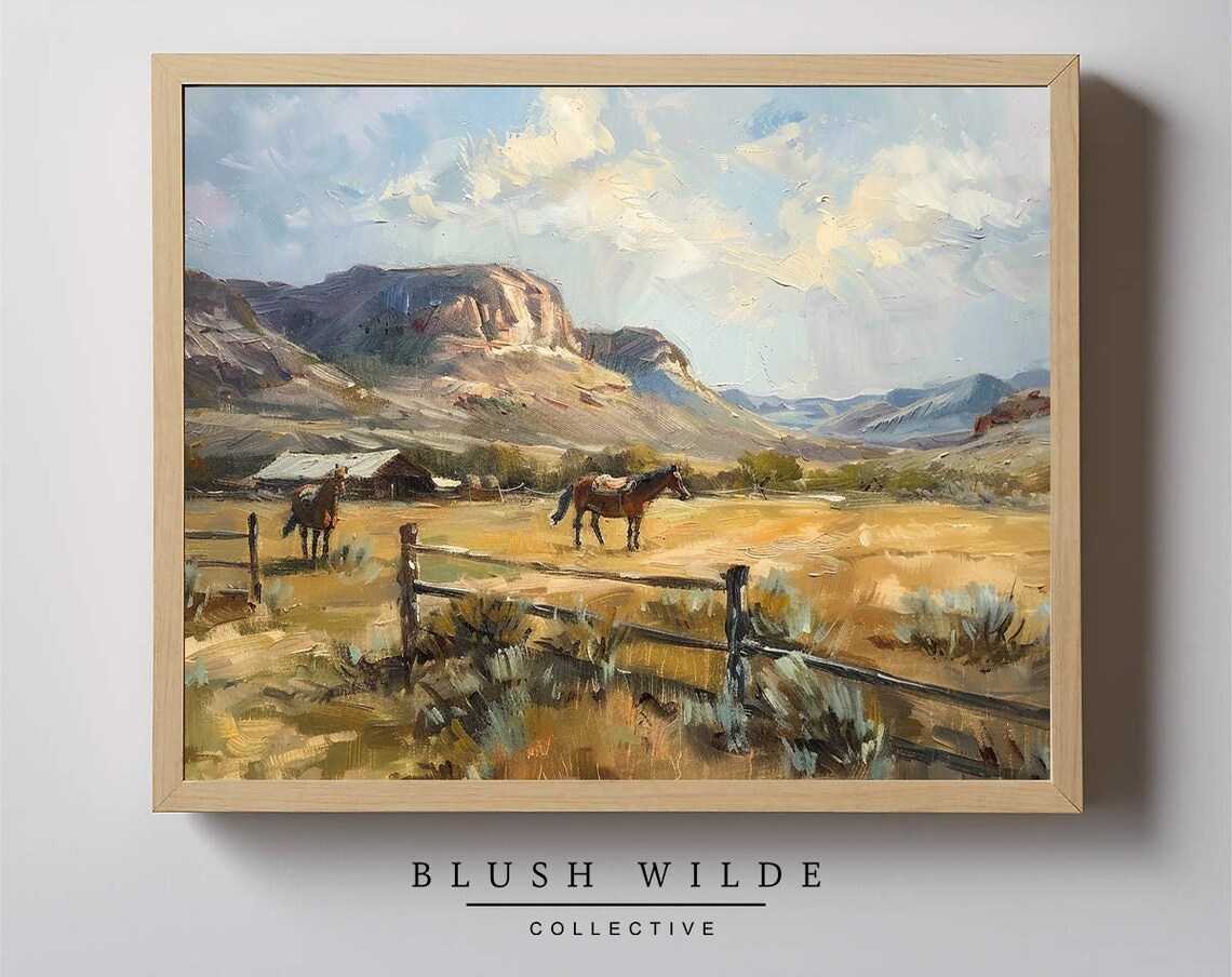 Western Horses In Golden Valley Ranch Mountain Landscape Poster