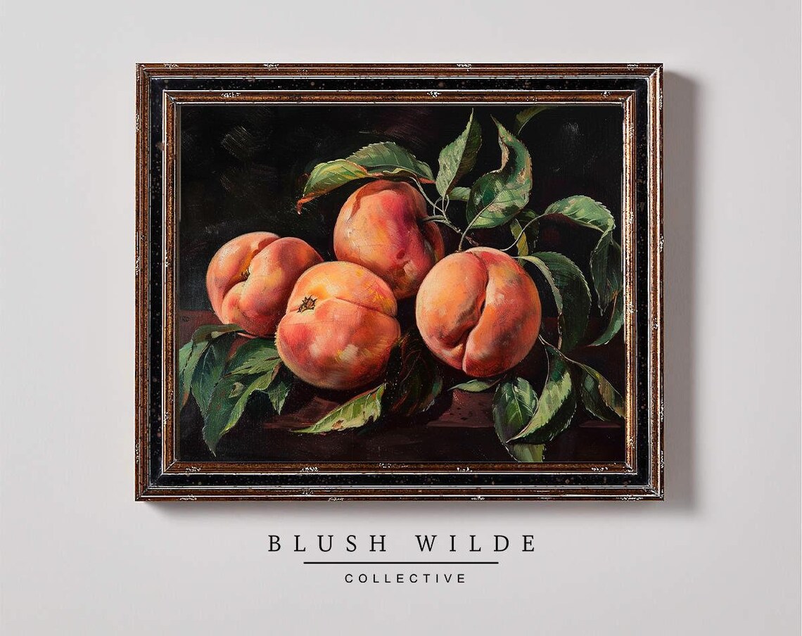 Vintage Peaches Still Life Oil Painting, Kitchen Art Print
