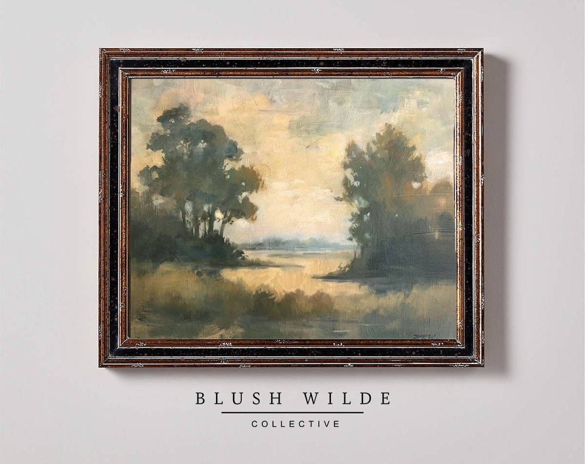 Moody Neutral Trees Over Calm Water Vintage Tonalist Landscape Poster