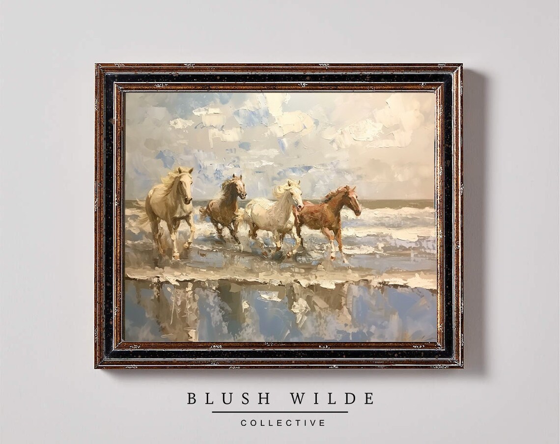 Wild Horses Beach Vintage Landscape Art Print
