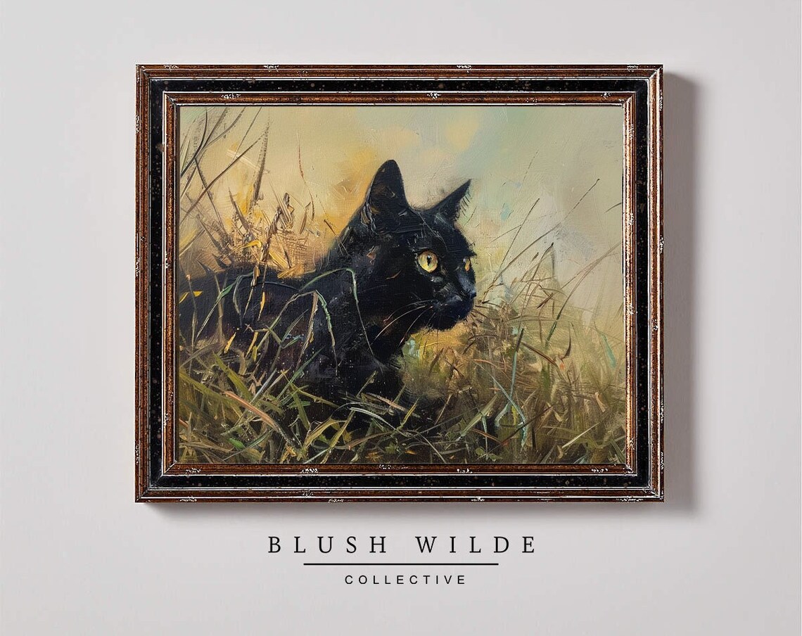 Black Cat Vintage Oil Painting Art Print